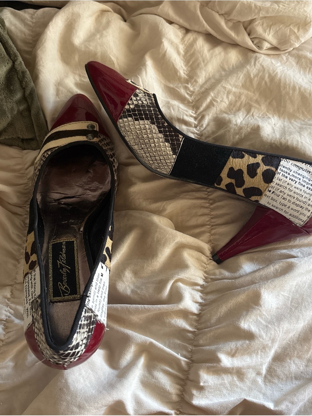 Beverly Feldman Red Patent Mixed-Animal Print Pumps